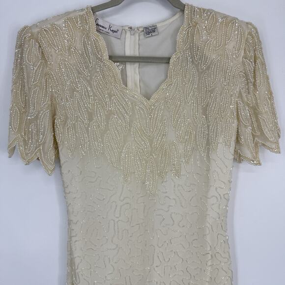 Lawrence Kazar Silk Beaded Sheath Dress Vintage size Small Ivory Short Sleeve - Picture 5 of 16
